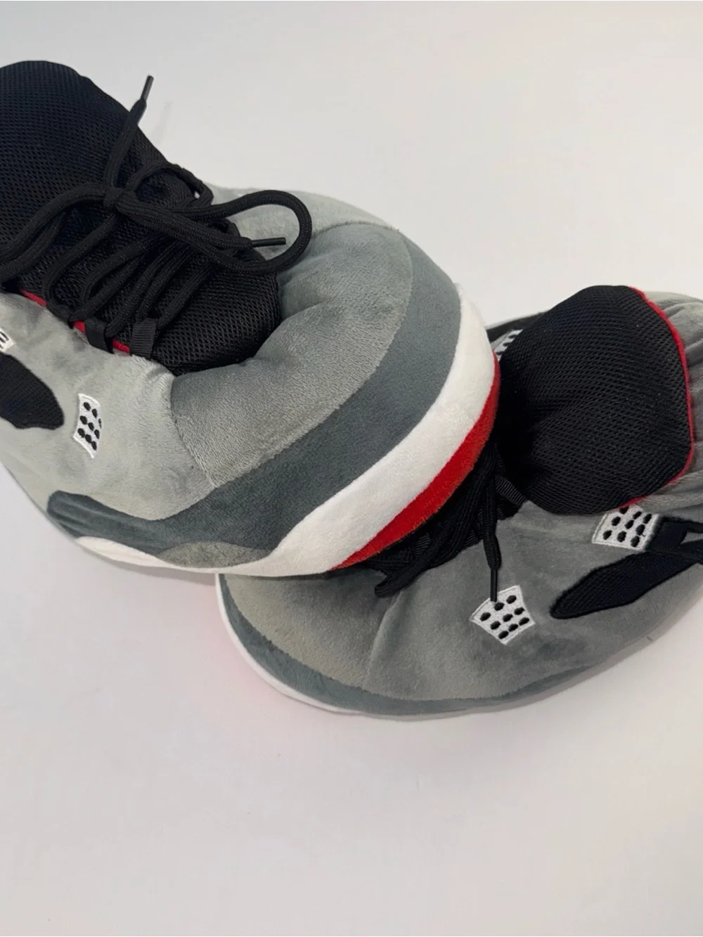 Gray and Black Plush Sneaker Slippers with Red Accent